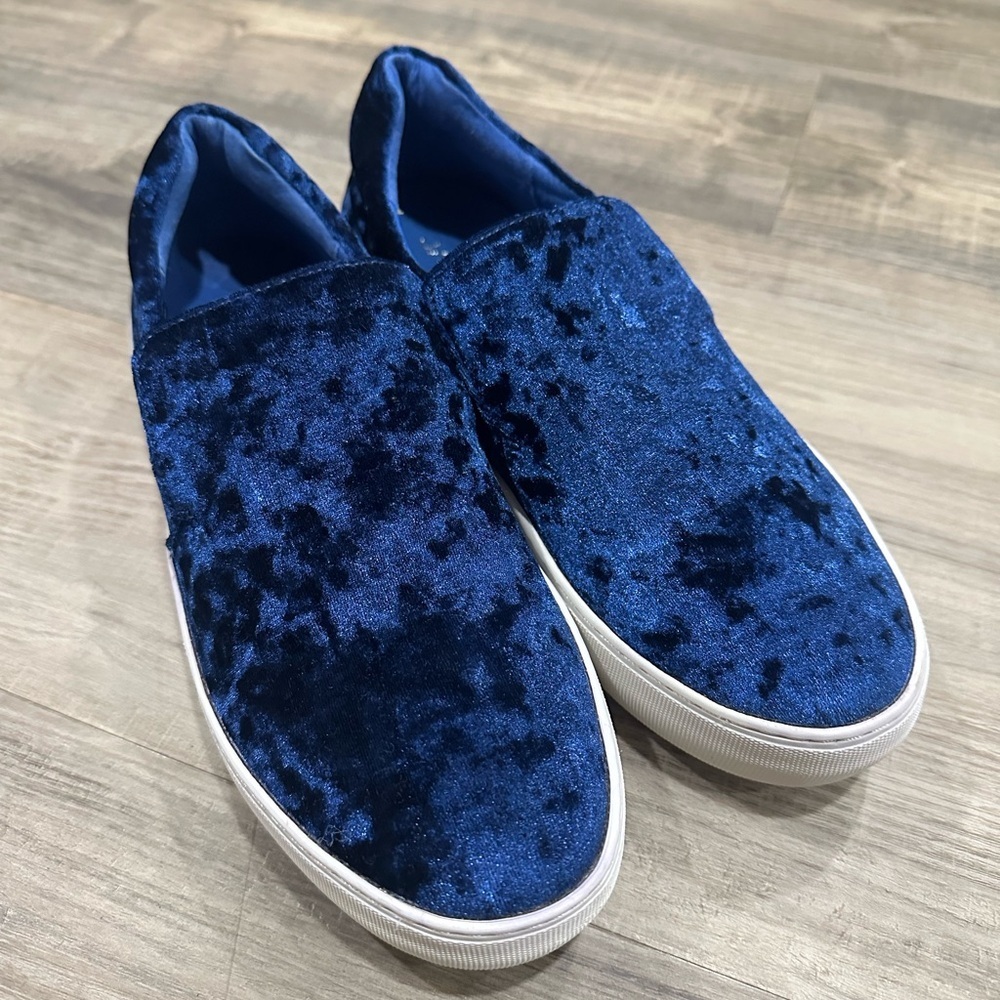 J/Slides Velvet Platform Slip-Ons — Blue, Size 7 1/2
